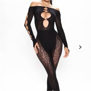 Fashion Nova Nude Lace Cutout Off-Shoulder Jumpsuit